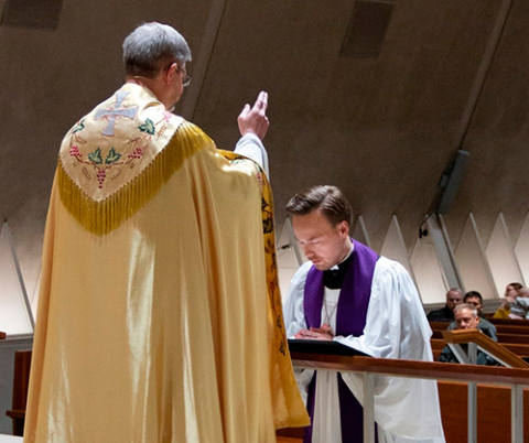 Dr. D. Richard Stuckwisch, president of the LCMS Indiana District, installs Dr. Samuli Siikavirta as assistant professor of exegetical theology at CTSFW.